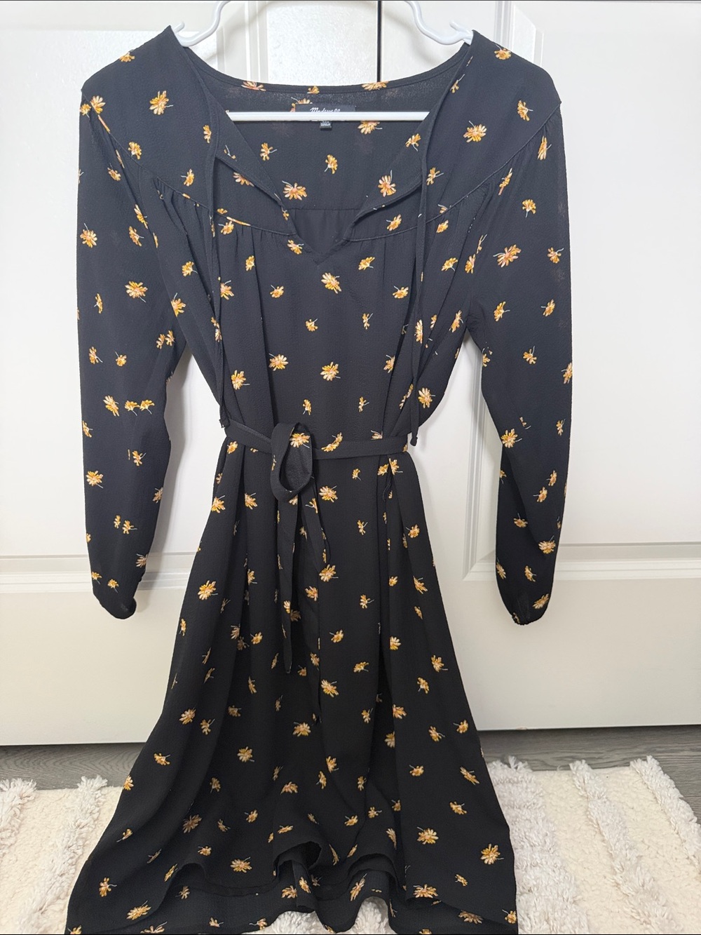 Madewell Black Mini Dress with Gold Floral Print and Tie Waist